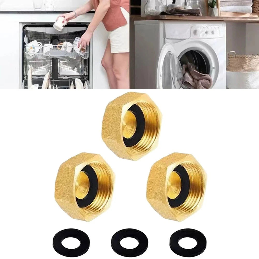 Set of 3 Brass Pipe Caps for Hexagonal Threaded Fittings with Rubber Gasket