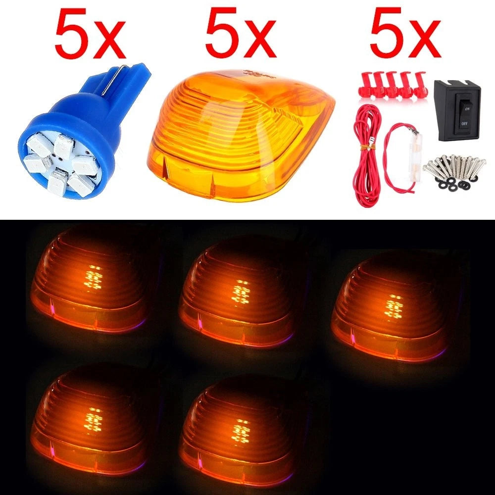 5pc Amber Cab Marker Clearance Light Lens + 12V LED + T10 Harness Kit for Truck