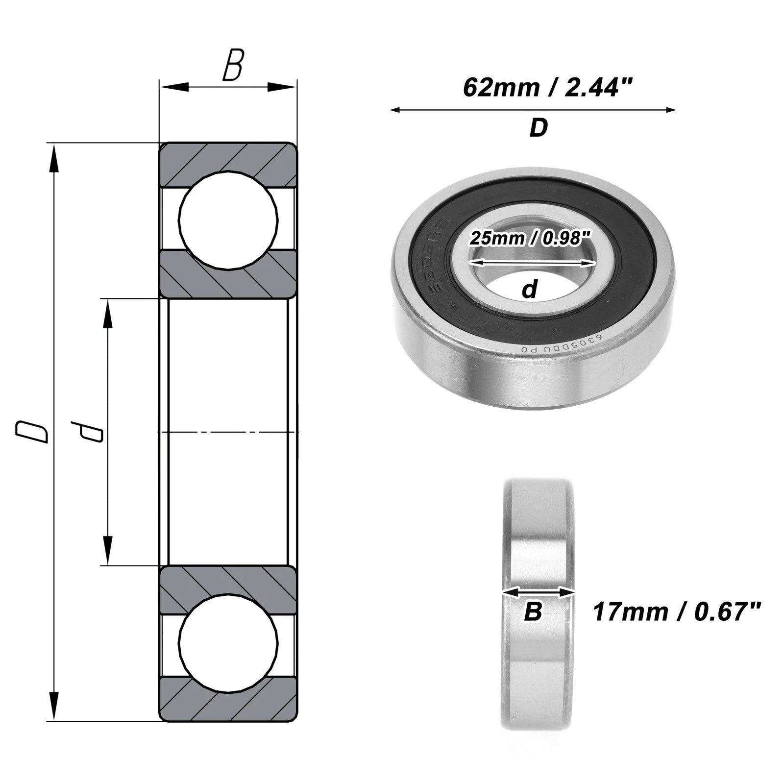 6305DDU Deep Groove Ball Bearing for Scooter Skateboard Wheel (P0)