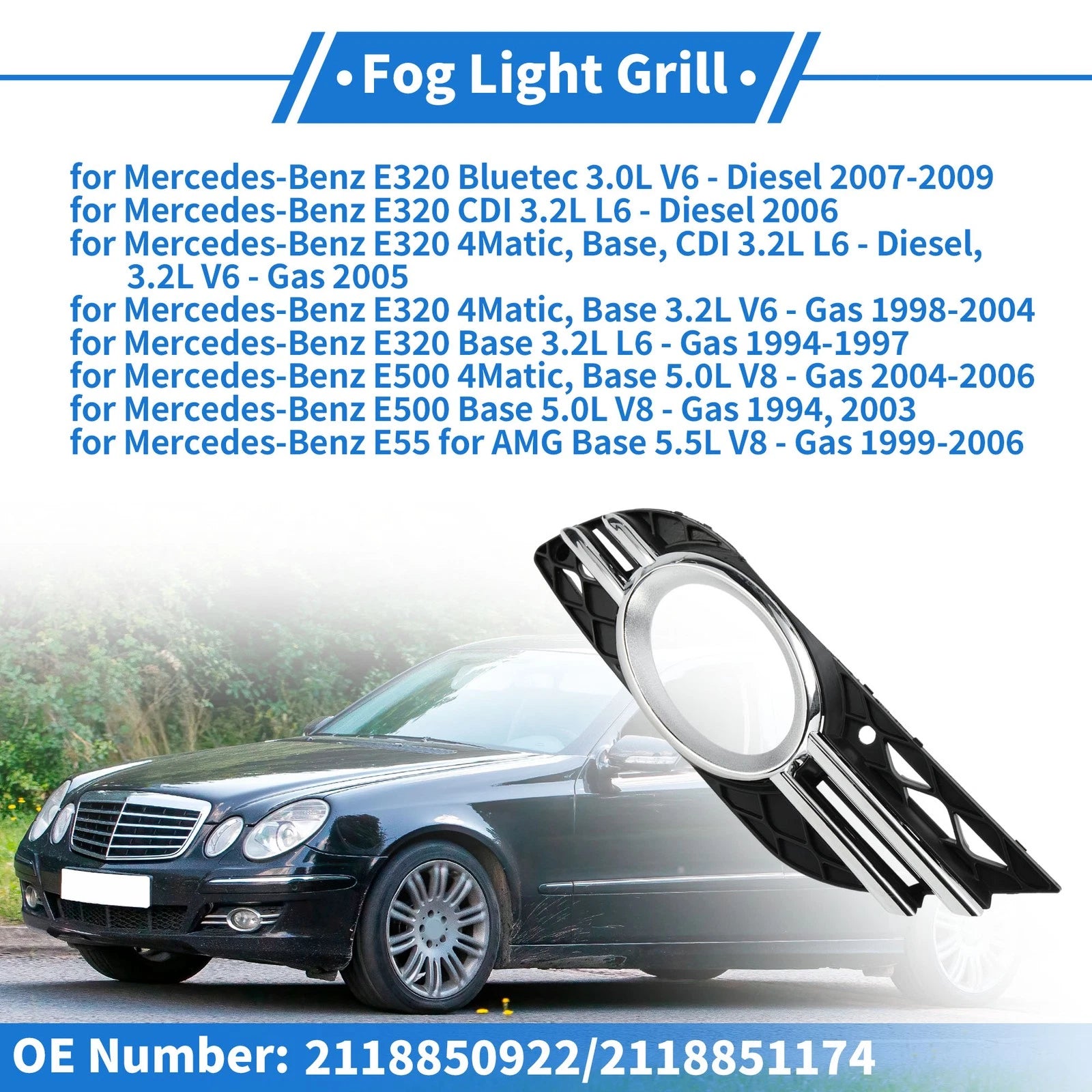 Front Left Fog Light Cover No. 2118850922 for Mercedes-Benz E320 (1996–1999)