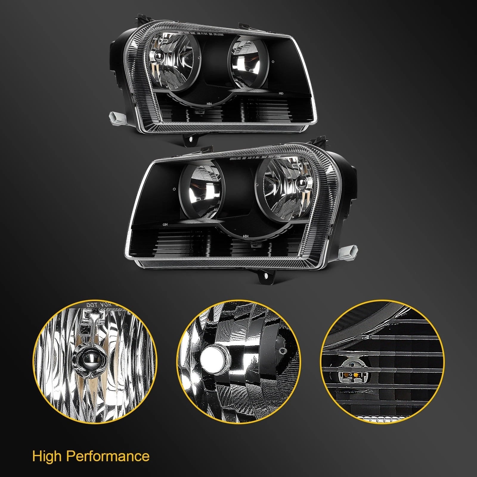2X Headlight Assembly for Chrysler 300 (2005–2010) Black Housing