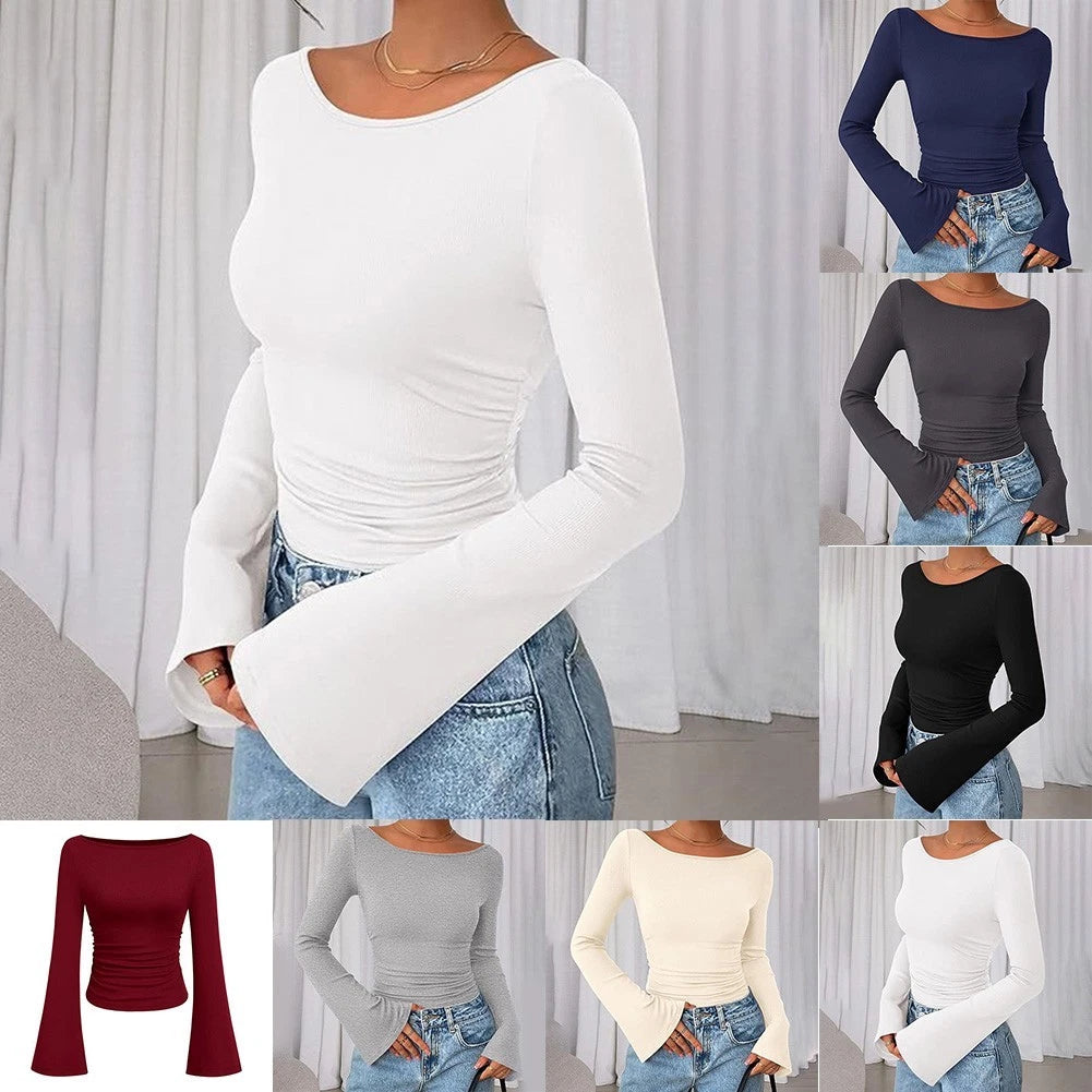2X Women's Boat Neck Long Sleeve T-Shirt Casual Slim Fit Top
