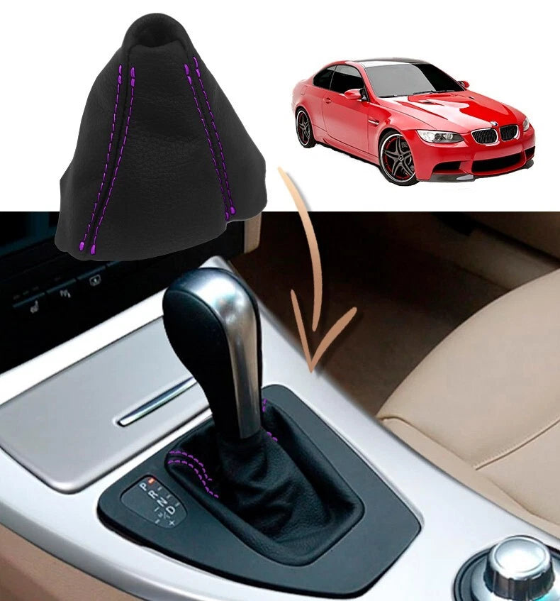 Shift Boot Cover for BMW E90 (2005–2013) - Leather with Purple Stitch