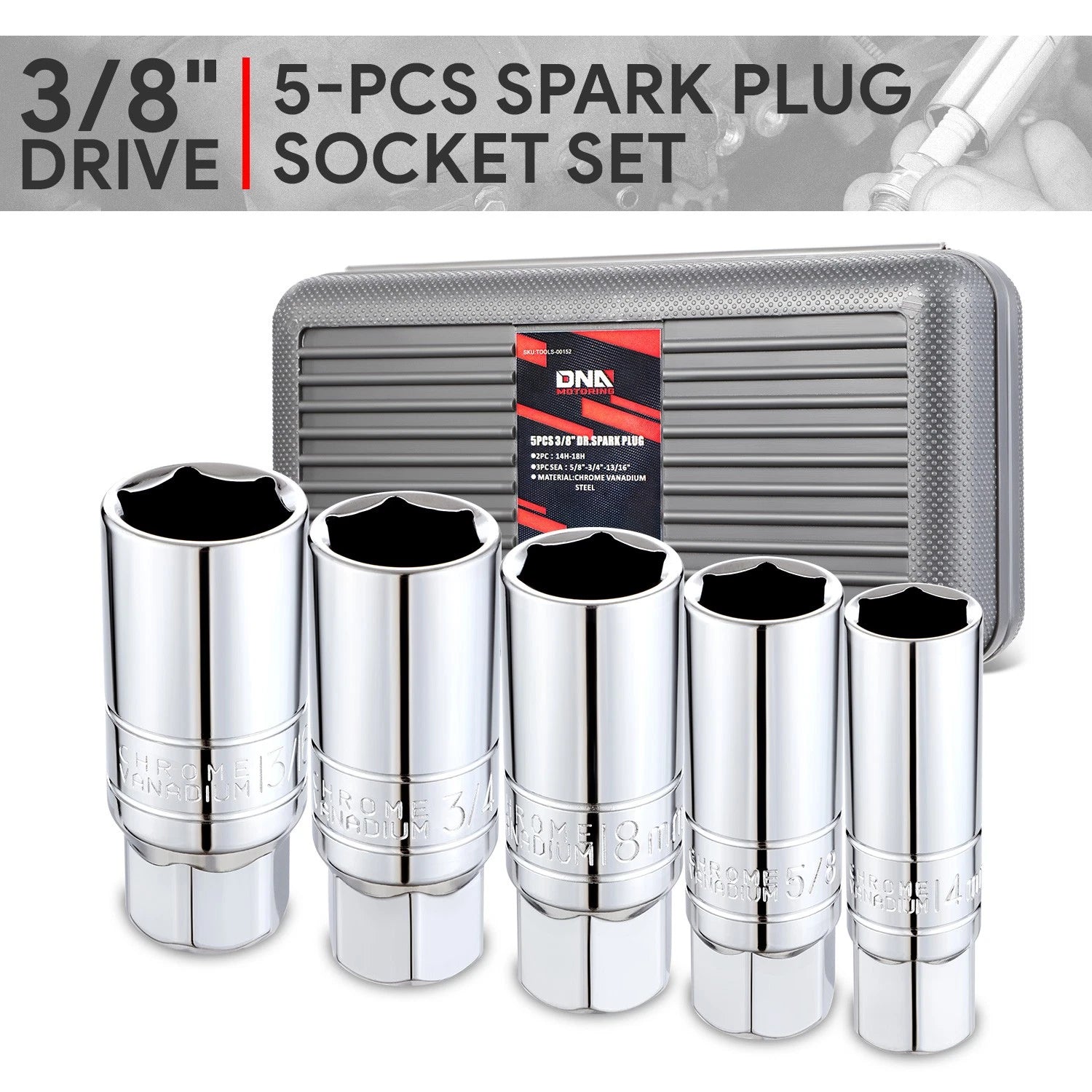 5 Pcs 3/8" 6-Point Spark Plug Impact Socket Set for Automotive