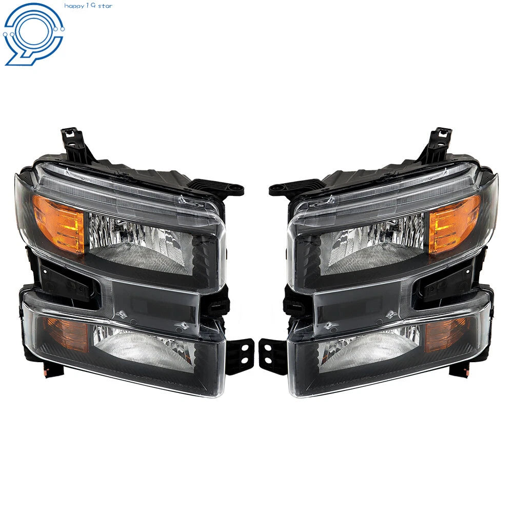 Set of 2 Headlight Assemblies for Chevrolet Silverado 1500 (2019–2021) Black Housing