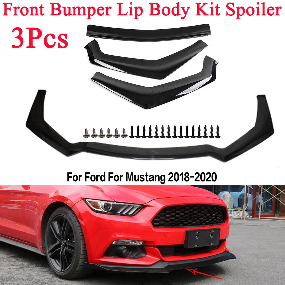 3Pcs Black Front Bumper Lip Splitter Spoiler for Ford Mustang (2018–2020)
