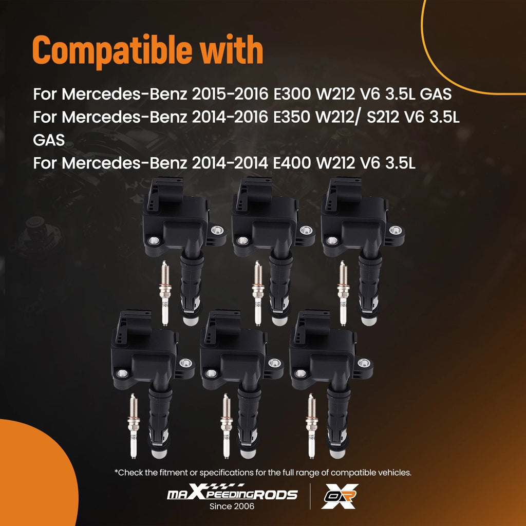 6X Ignition Coil and Spark Plug for Mercedes-Benz E300 E350 E400 (2014-2016)