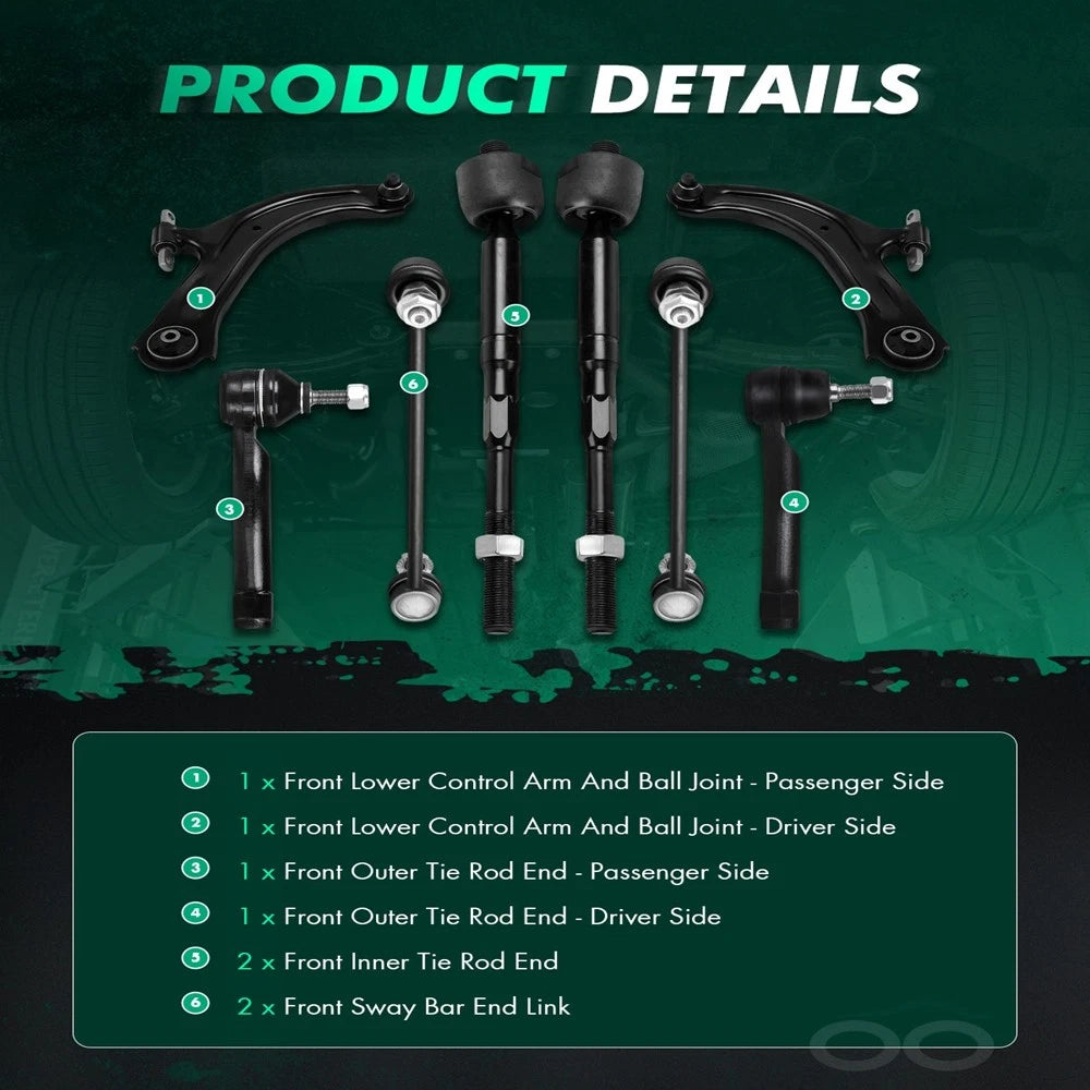 8pcs Front Suspension Kit Ball Joint Outer Tie Rod for Nissan Sentra (2007–2012)