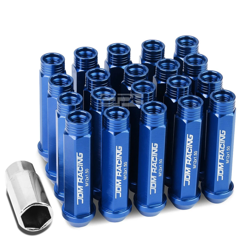 20 PCS Open End M12x1.5 90mm Tall Blue Aluminum Lug Nuts + Adapter