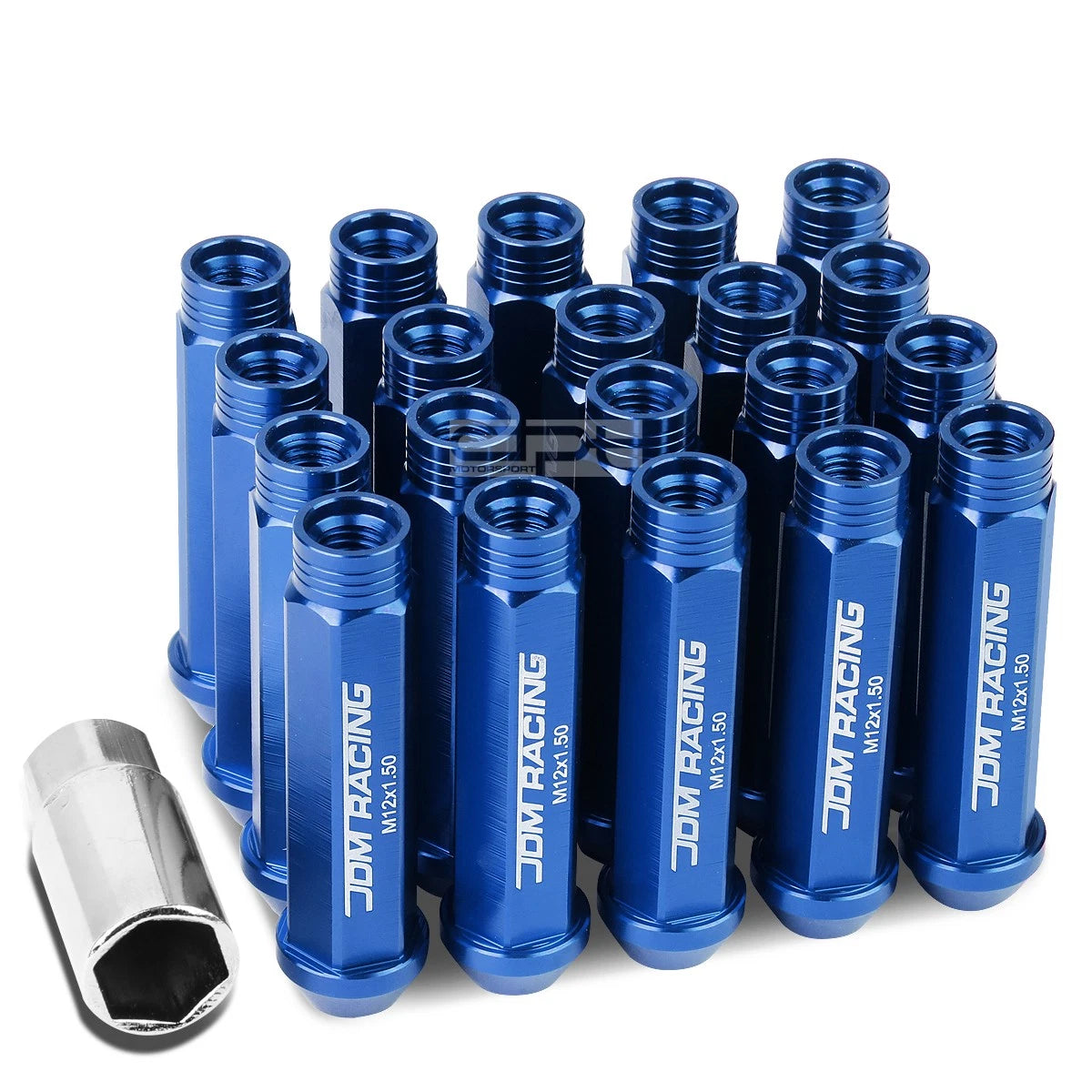 20 PCS Open End M12x1.5 90mm Tall Blue Aluminum Lug Nuts + Adapter