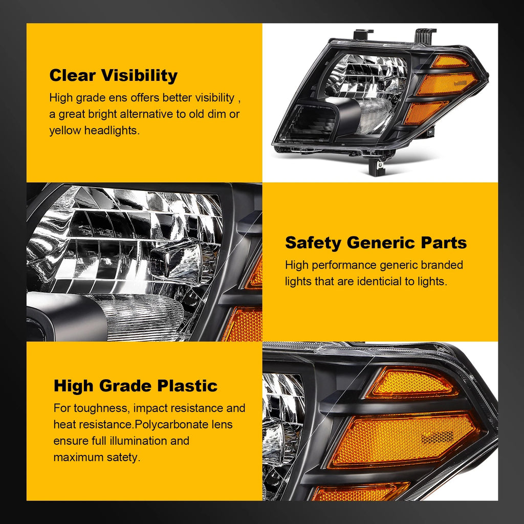 2X Headlights for Nissan Frontier Pickup (2009–2021) Black Housing