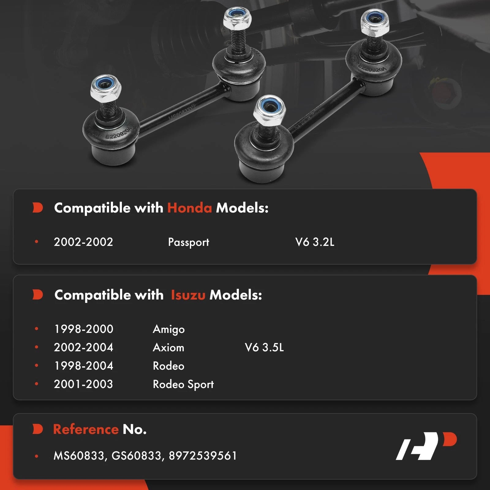 2X Rear Side Sway Bar Link with Ball Joint for Honda Passport (2002)