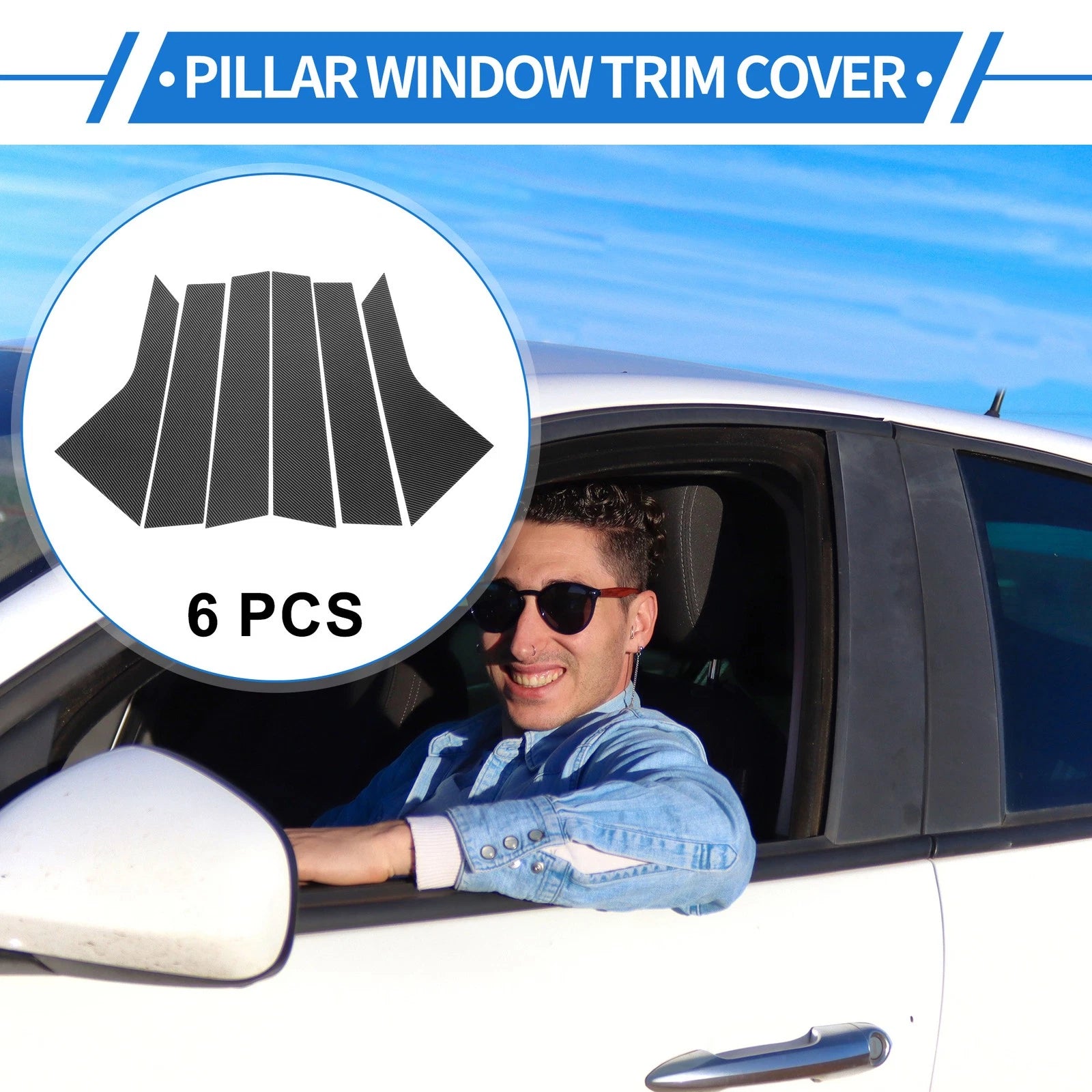 6 Pcs Door Pillar Window Trim for Hyundai Elantra (2017–2020) Carbon Fiber