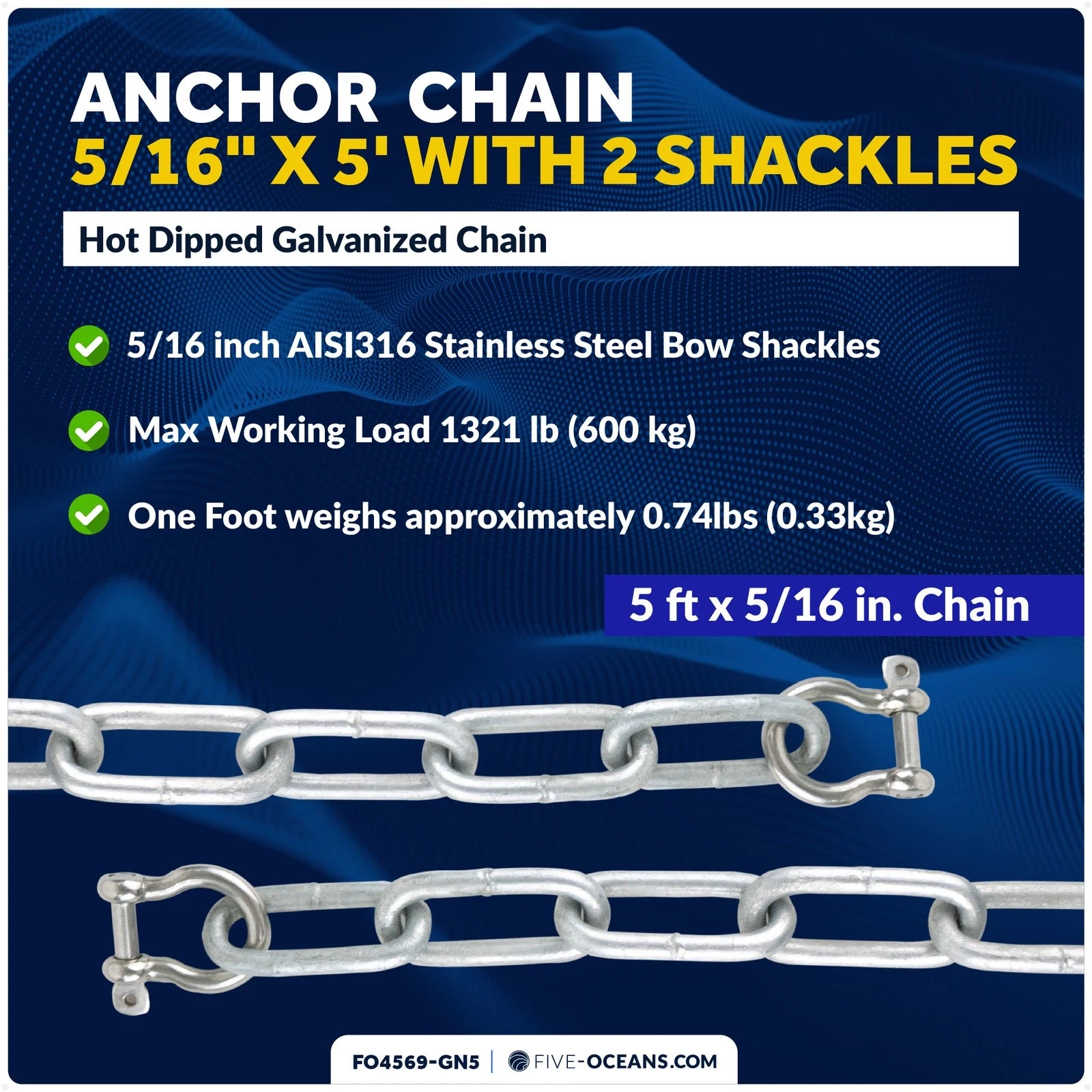 5' Galvanized Steel Lead Chain with Shackles for Boat Anchor