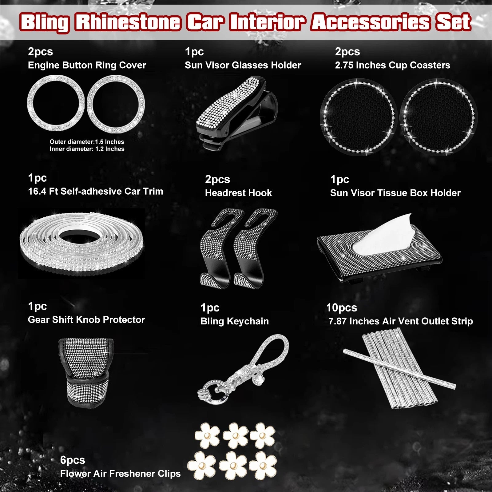 Crystal Air Vent Outlet Strips for Ignition Button Ring Decoration Kit (2015-2024)