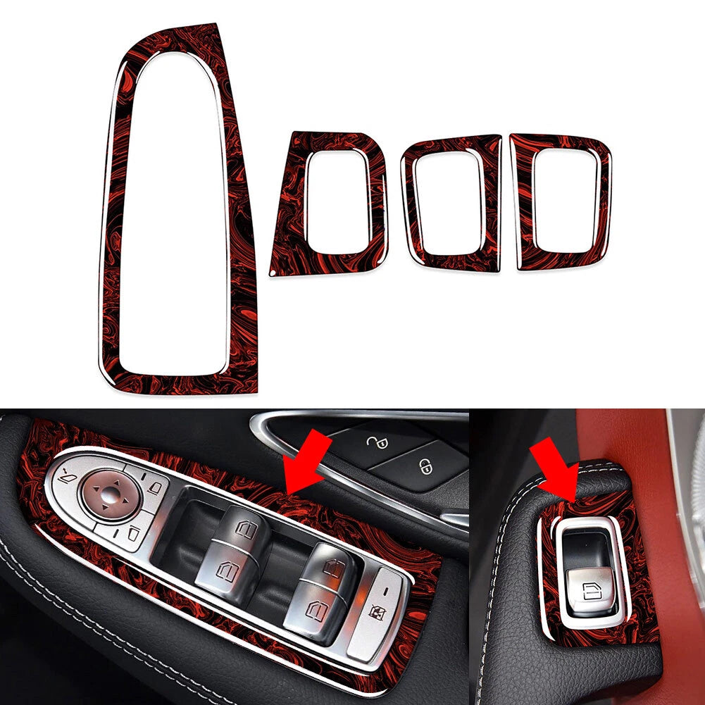 Set of 4 Fire Red Door Window Switch Panel Trim for Benz C Class (2015–2021), GLC Class (2016–2023)
