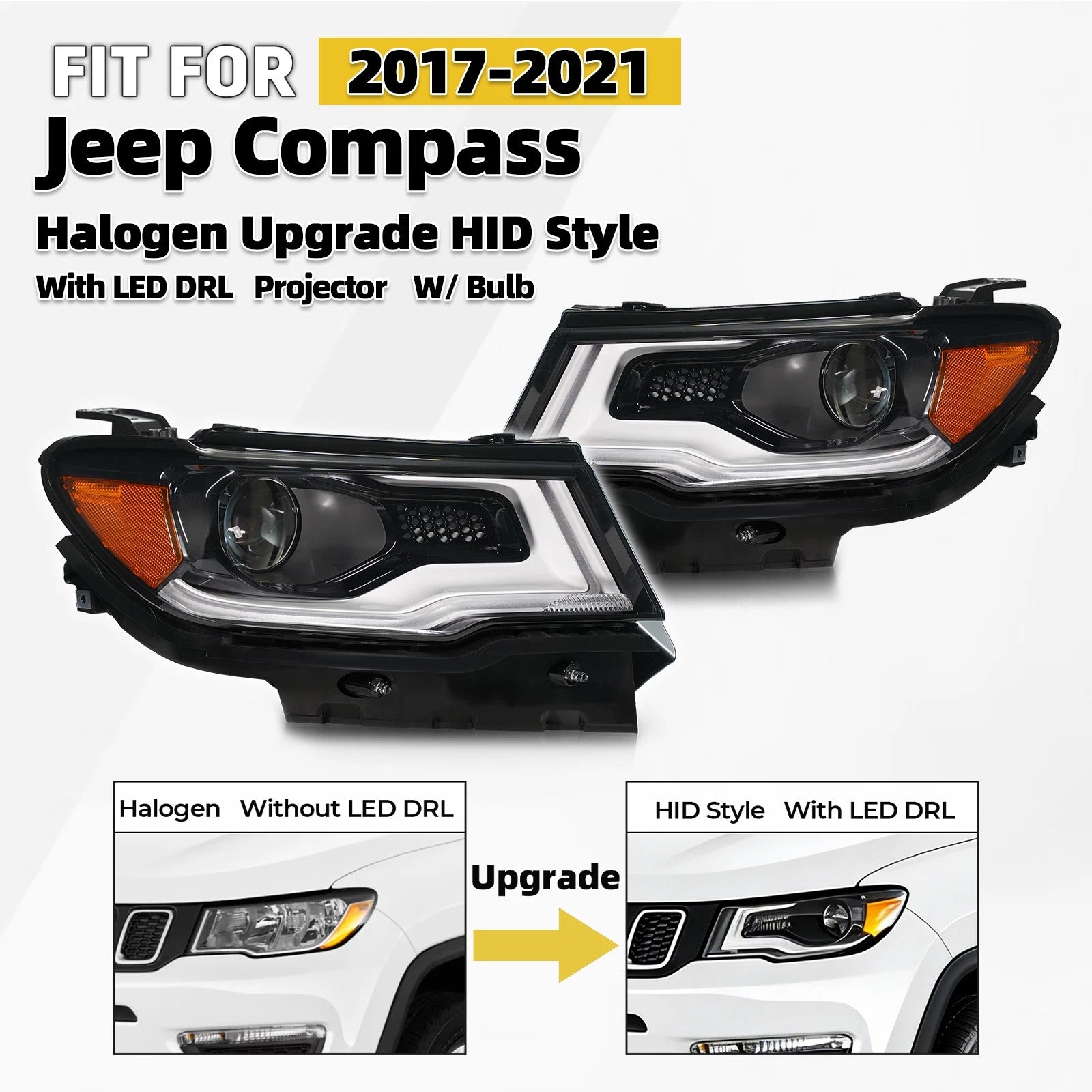 Halogen Upgrade HID Style LED DRL Headlight for Jeep Compass (2017–2021) Pair