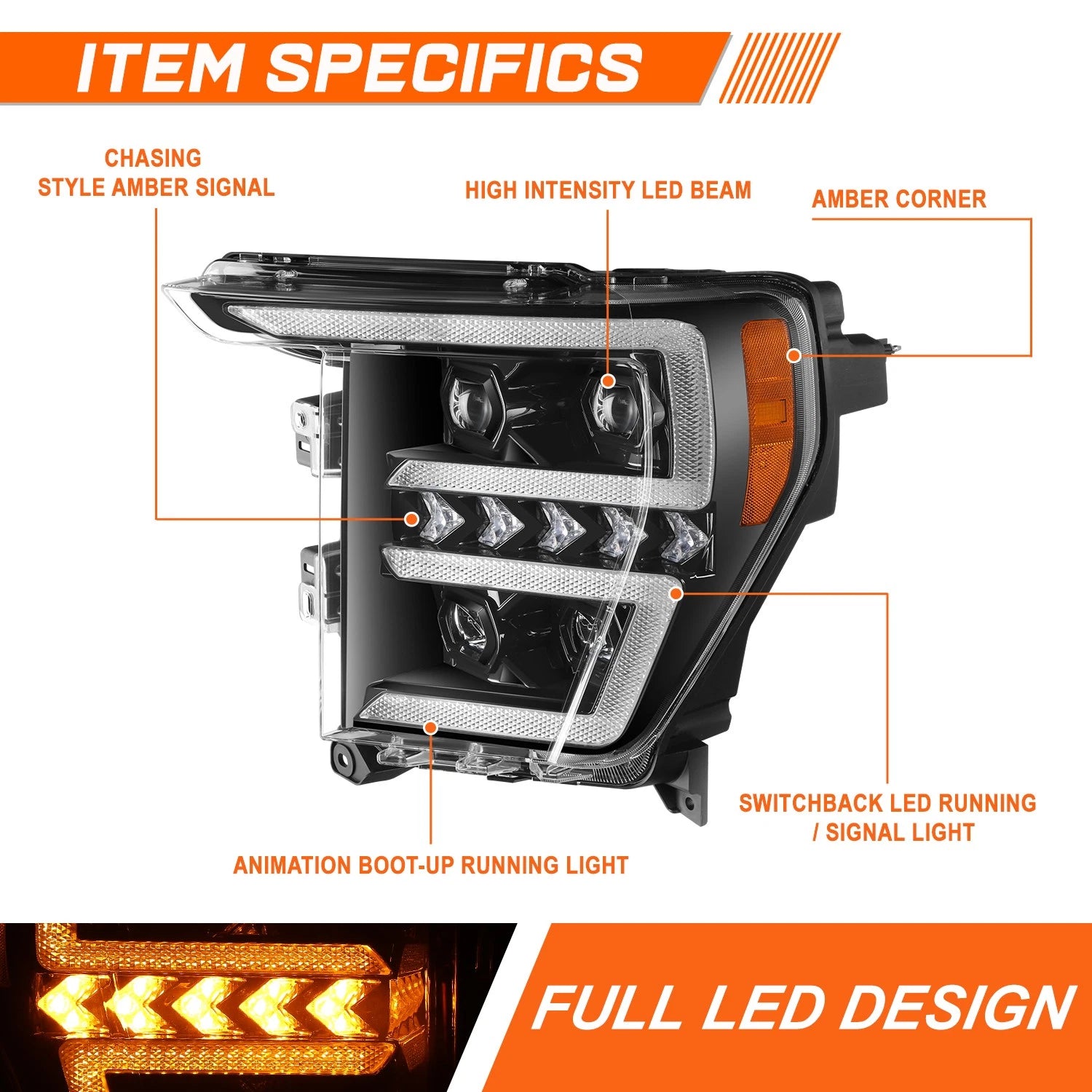 Full LED DRL Sequential Signal Projector Headlights for Ford F-150 (2021–2023)