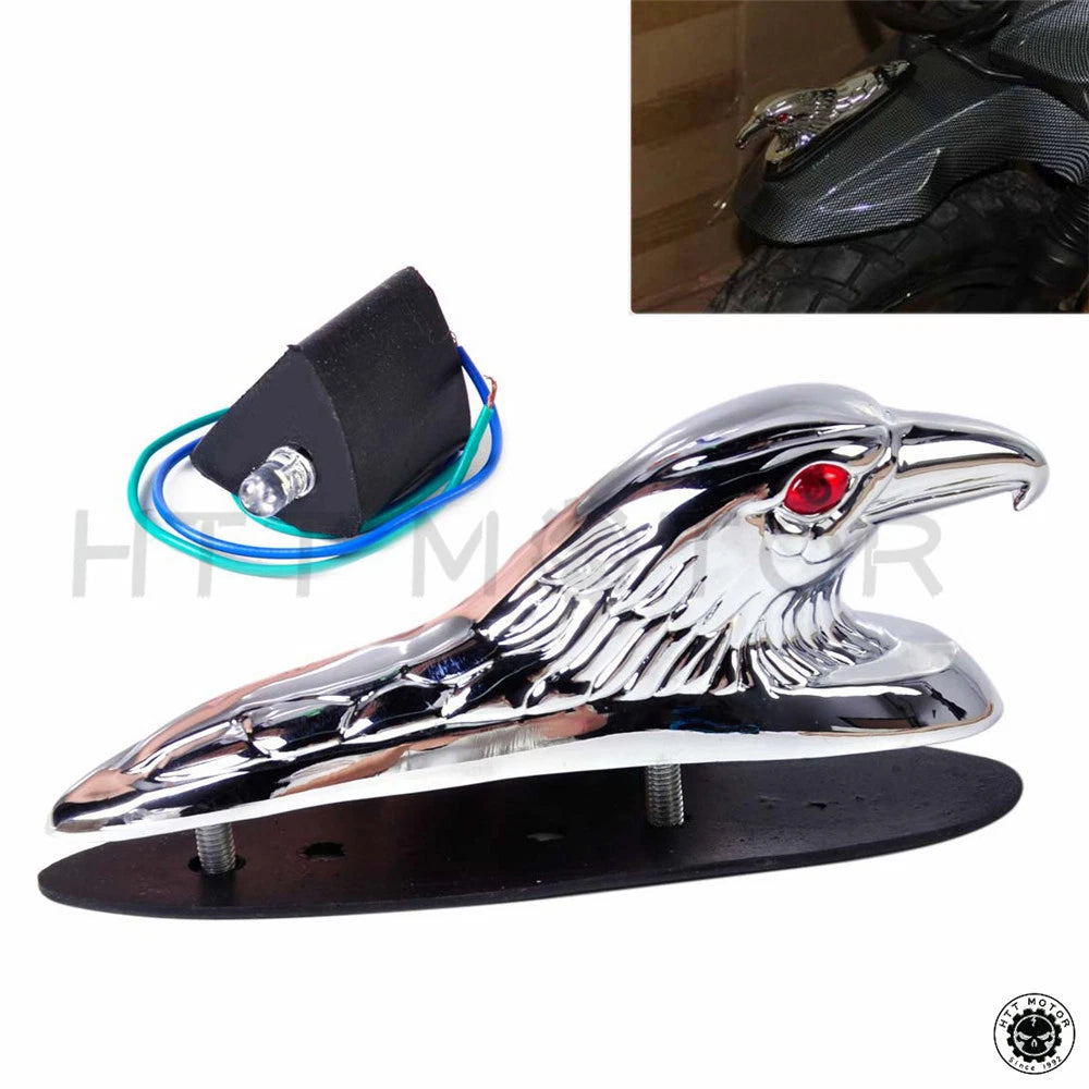 Chrome Front Fender Bonnet Eagle Head with Red LED Eyes for Motorcycle