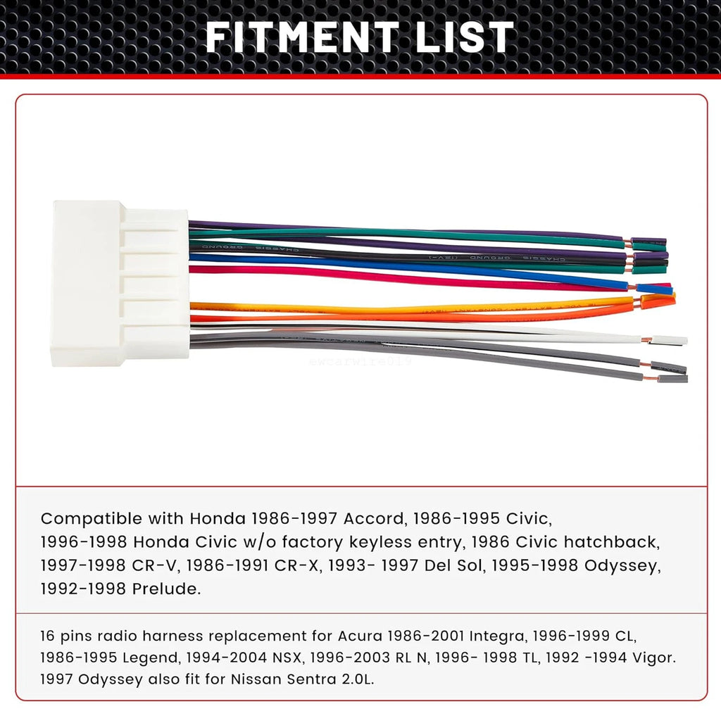 16 Pin Radio Stereo Wire Harness Connector for Honda Accord Civic (1986–1995)