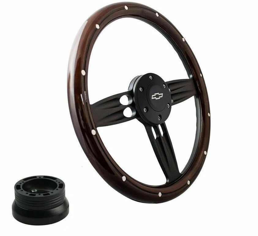 14 Inch Black Wood Steering Wheel with Bowtie Horn for 1969-1994 Camaro