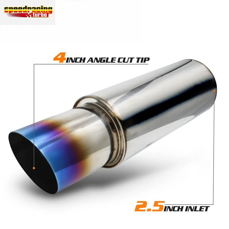 2.5" Inlet 4" Outlet Exhaust Muffler Diagonal Cut w/Joint Clamp Burnt Tip for