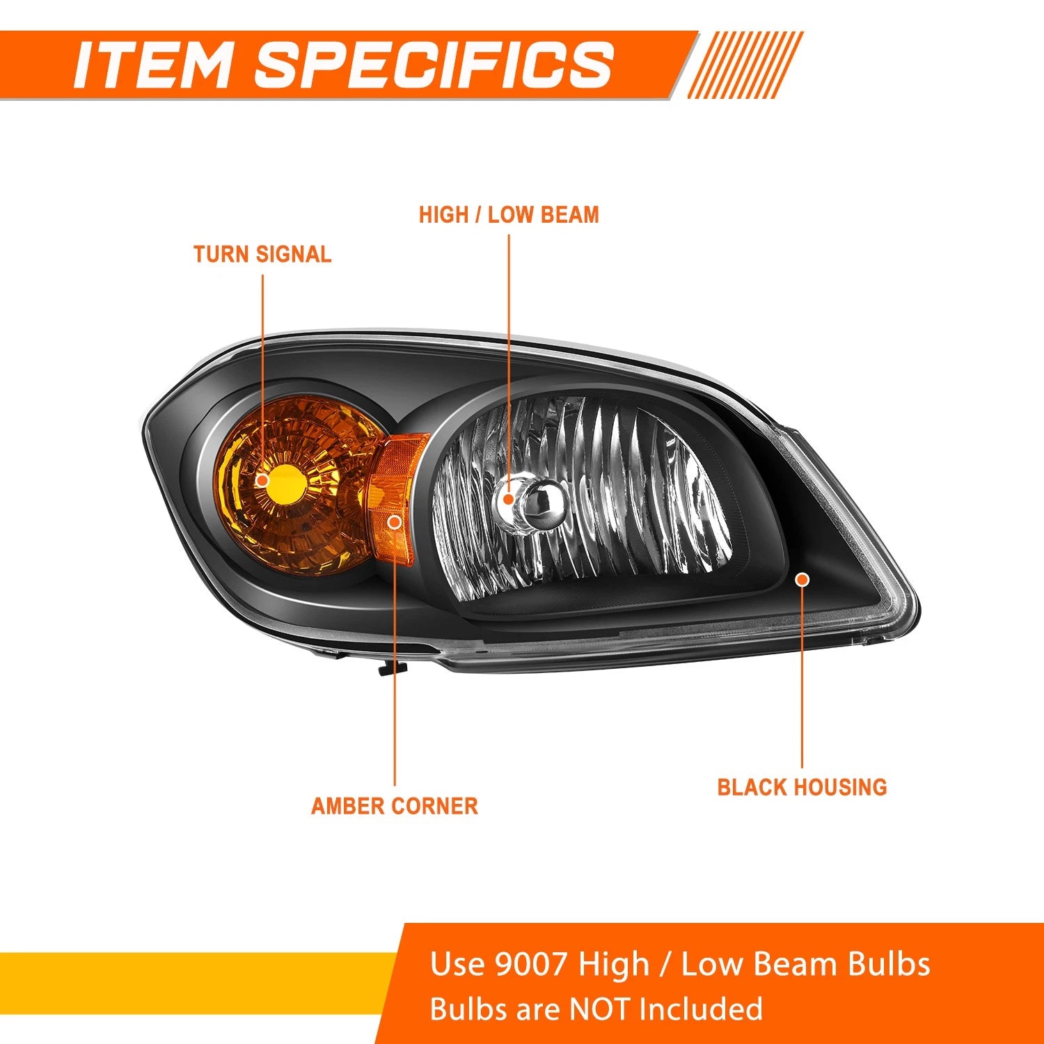 Set of 2 Black Housing Amber Side Headlight Lamps for Chevy Cobalt (2005–2010)