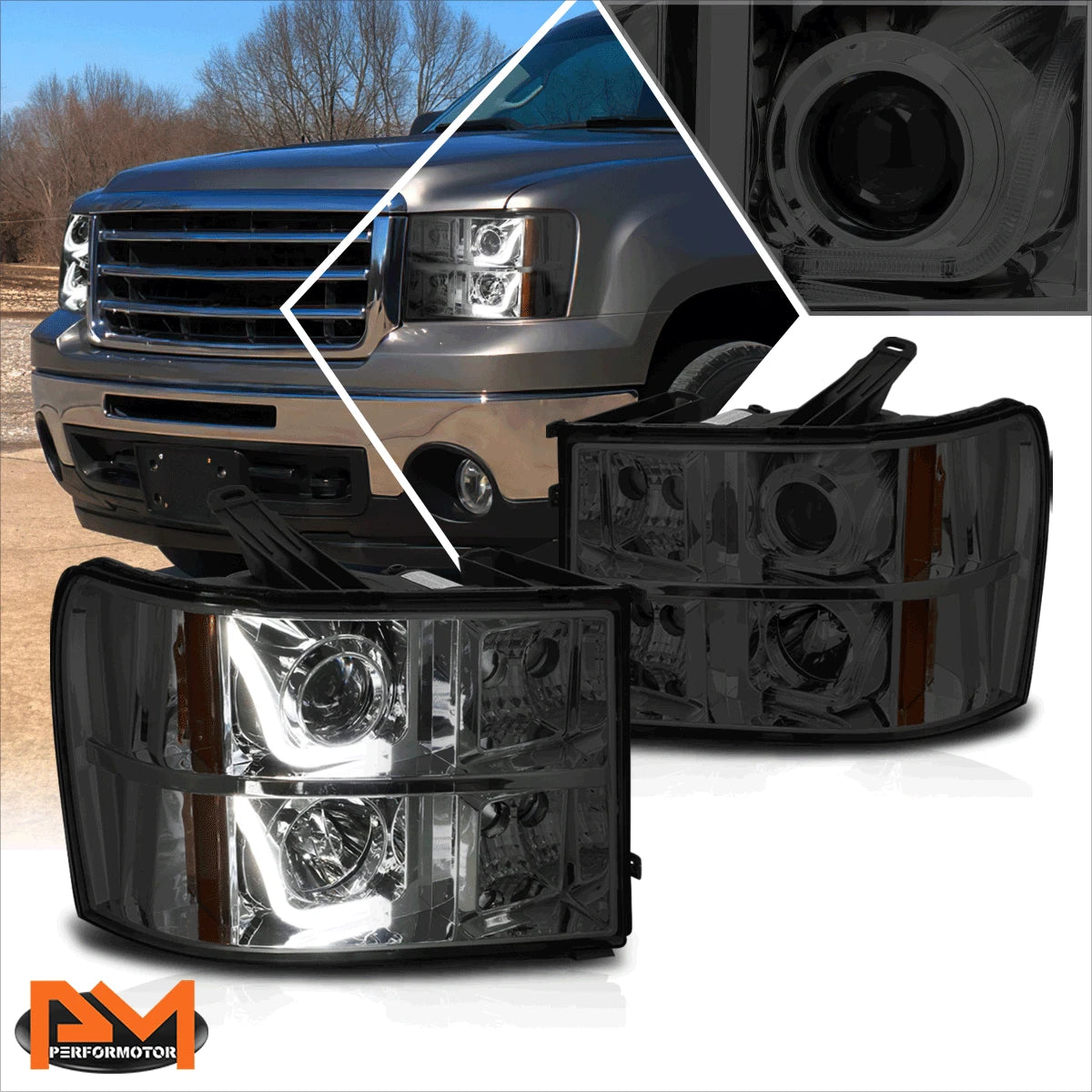 LED Halo DRL Projector Headlights for GMC Sierra 1500-3500 (2007–2014) Smoked/Amber