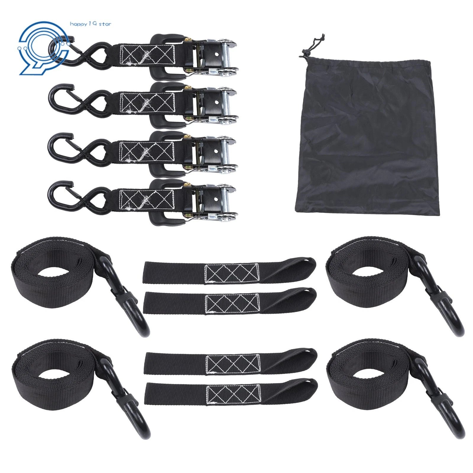 Set of 4 Heavy Duty Ratchet Straps 1.6" x 8' (5208lb Break Strength, Black)