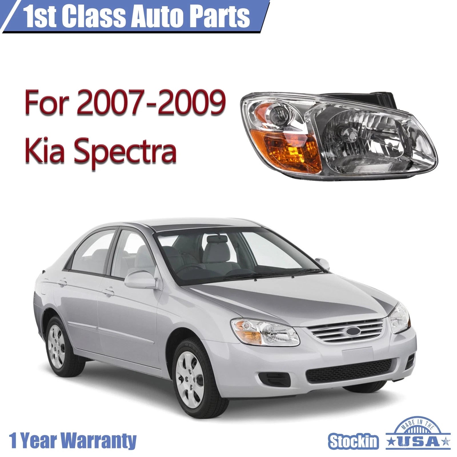 Right Headlight Assembly for Kia Spectra (2007-2009) - Clear Lens, Halogen