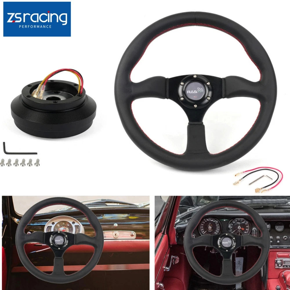 14" Black Leather Steering Wheel + Hub Adapter for Ford Mustang (1984–2004)