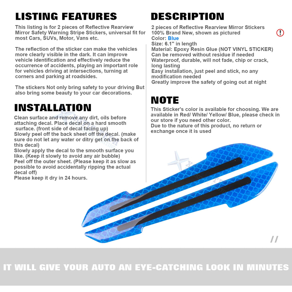 2PC Blue Reflective Night Warning Rearview Mirror Decals Kit for Cars (Universal) (2024-2026)