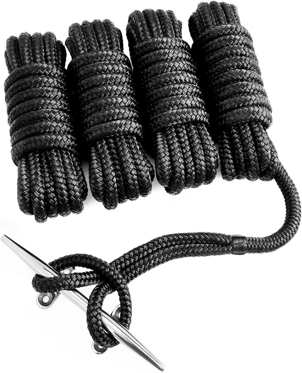 Set of 4 Dock Lines for Boat 1/2 in 25 FT Double Braid Nylon Black