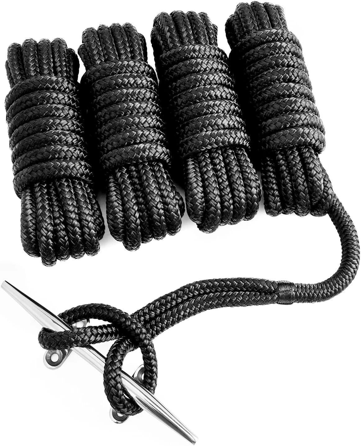 Set of 4 Dock Lines for Boat 1/2 in 25 FT Double Braid Nylon Black