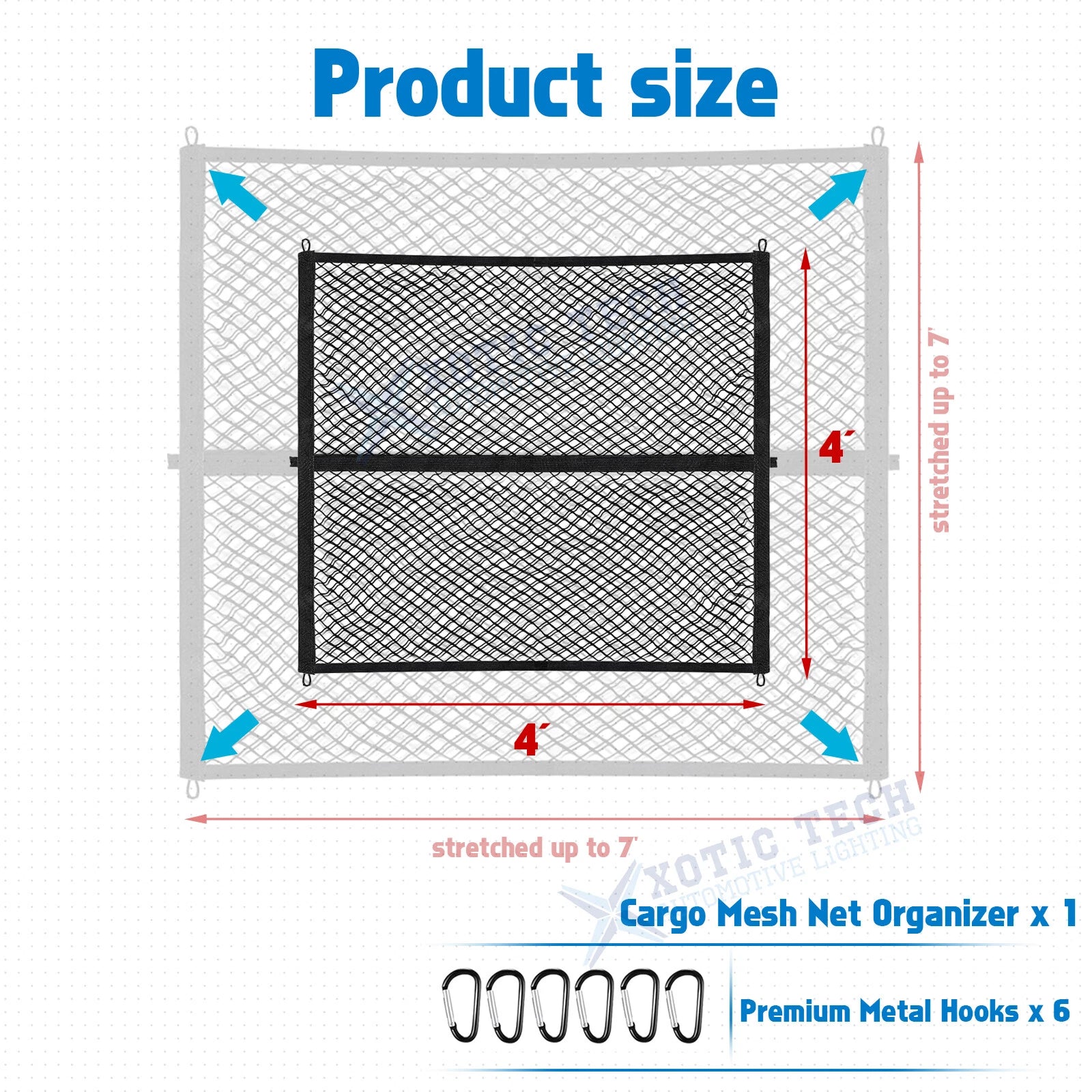 Elastic Cargo Mesh Organizer Net Kit for Pickup Trucks Trailers (4' x 4')