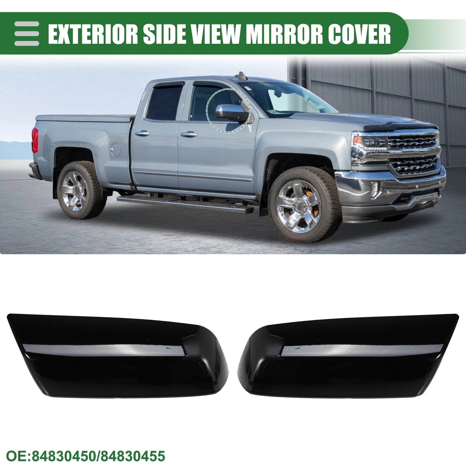 1 Pair Rearview Mirror Cover for Chevrolet Silverado 1500 (2014–2019) Gloss Black