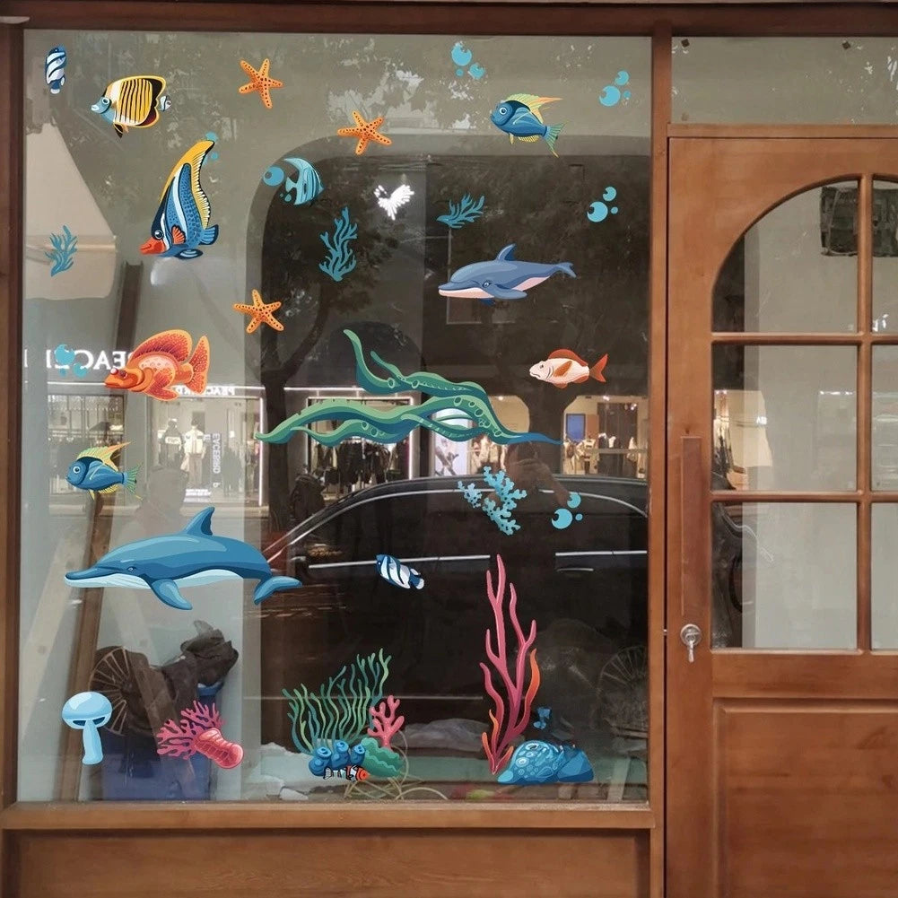 Static Cling Blue Cartoon Sea Animal for Kitchen Bathroom Glass Door