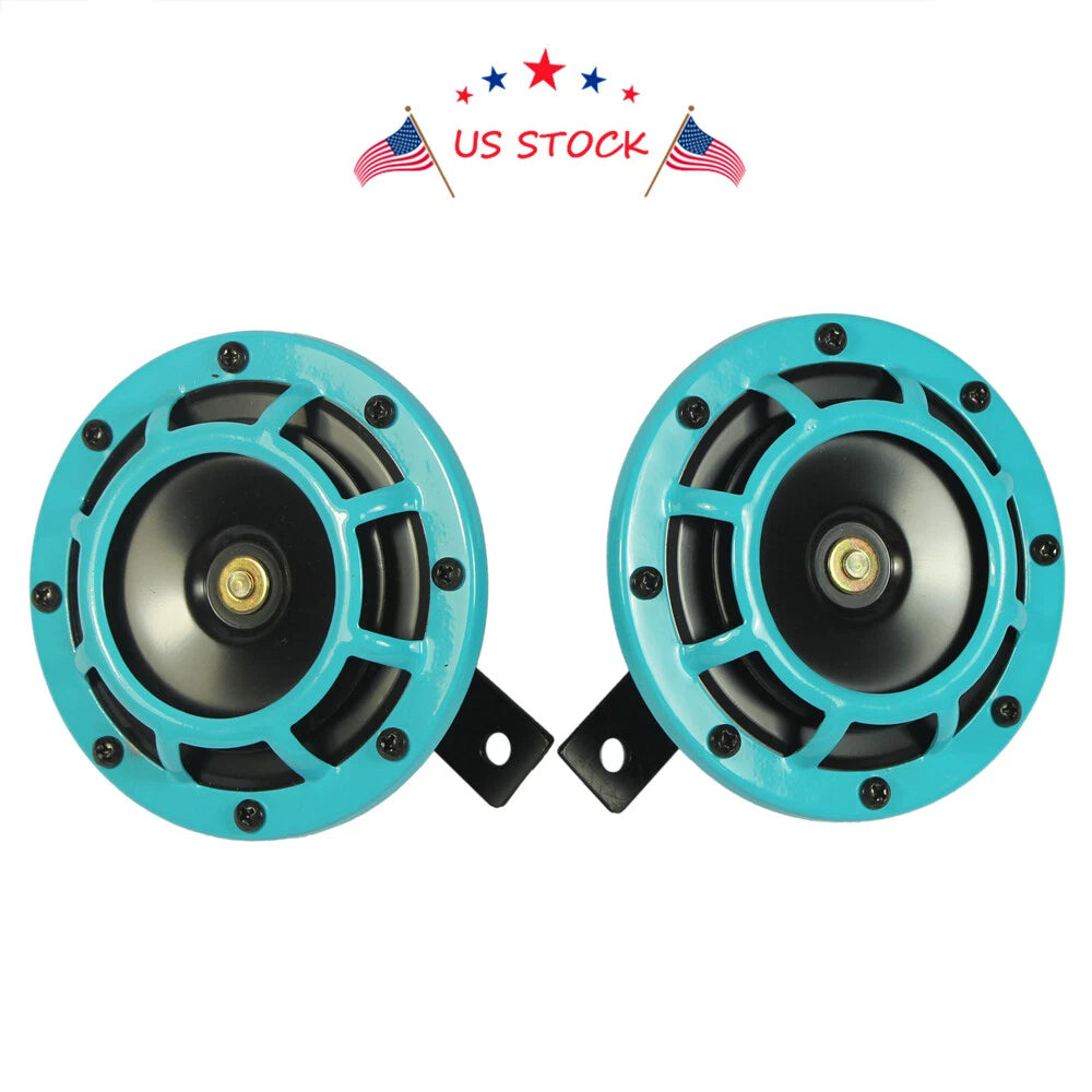 Set of 2 Blue 12V Loud Blast Tone Electric Car Horns for Universal Fit