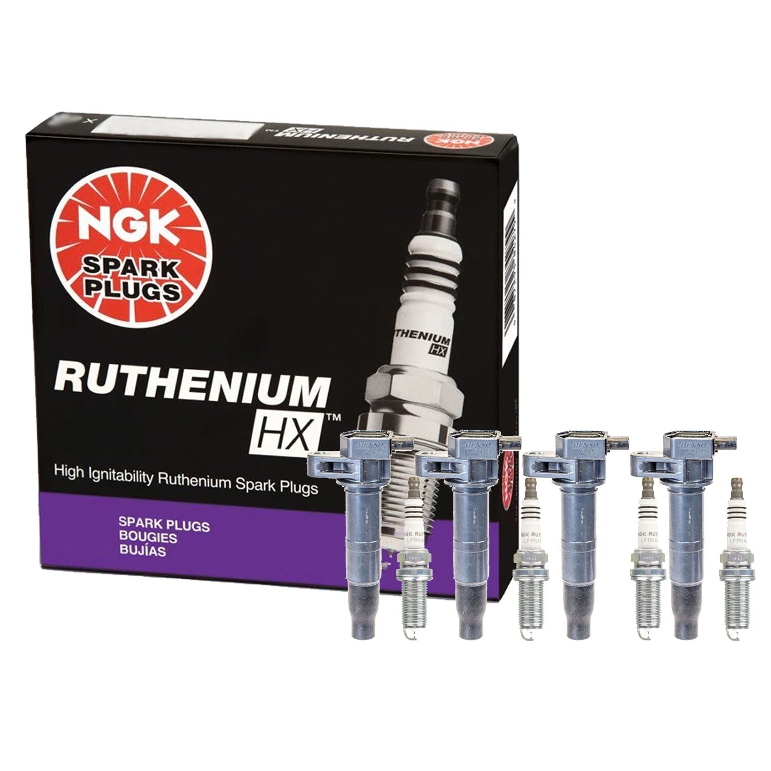 Set of 4 Denso COP Ignition Coils & NGK Ruthenium HX Spark Plugs for Optima