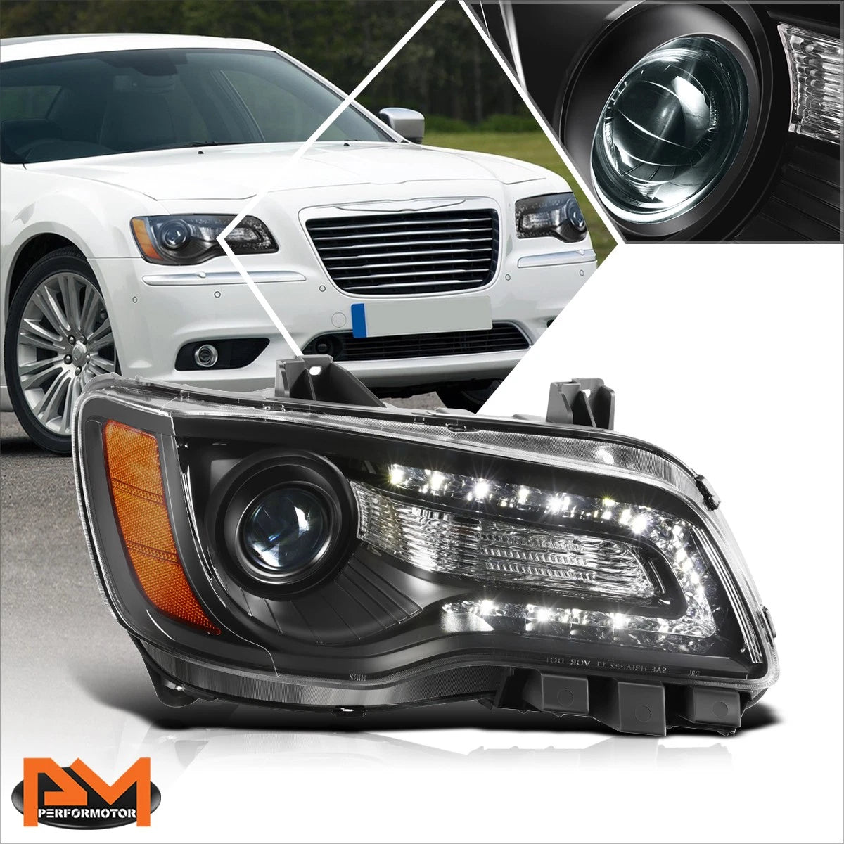 LED DRL Projector Headlight for Chrysler 300 (2011–2014) - Passenger Side, Black Housing