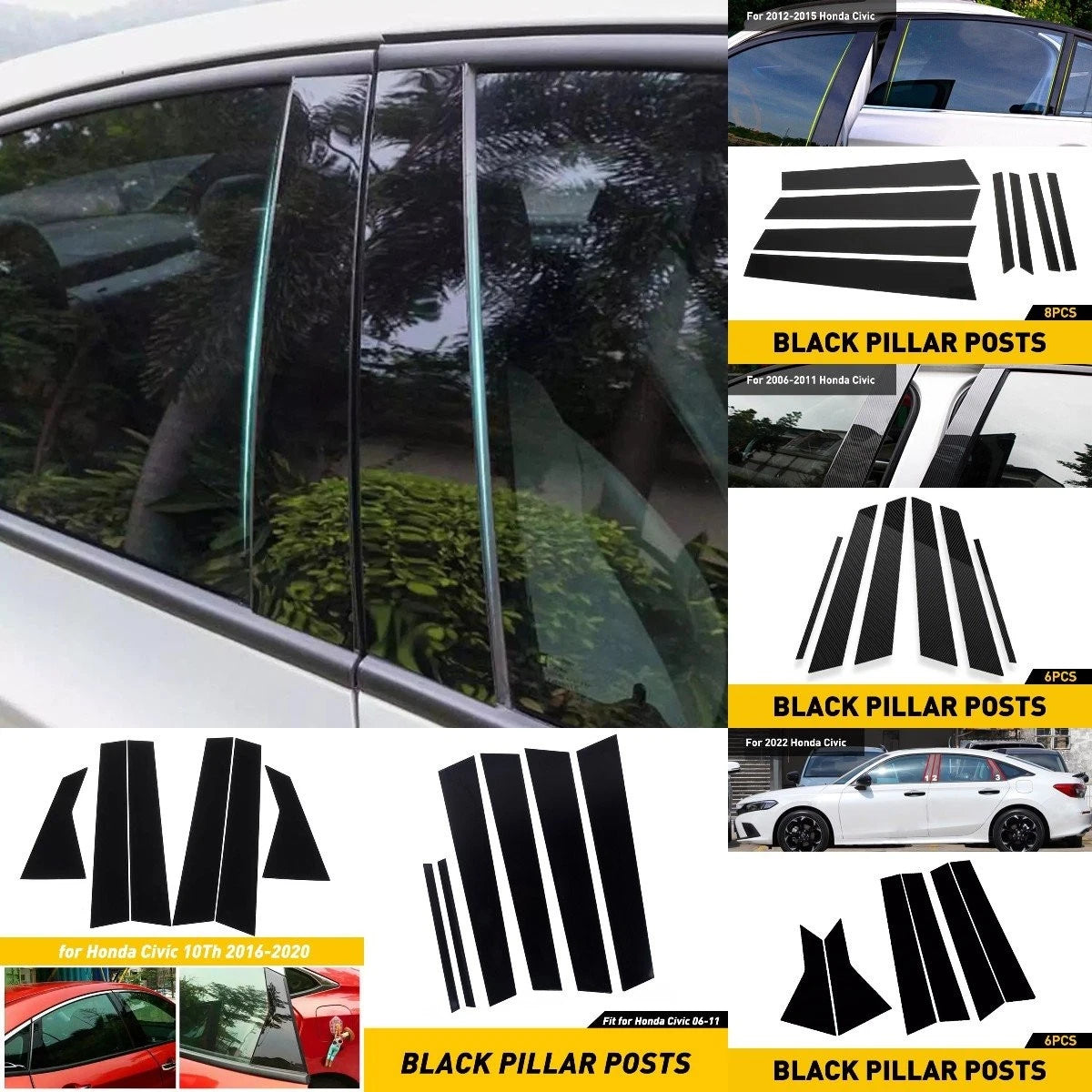 Set of 4 Door Pillar Window Posts Cover Trim Stickers for Honda Civic (2006–2022)