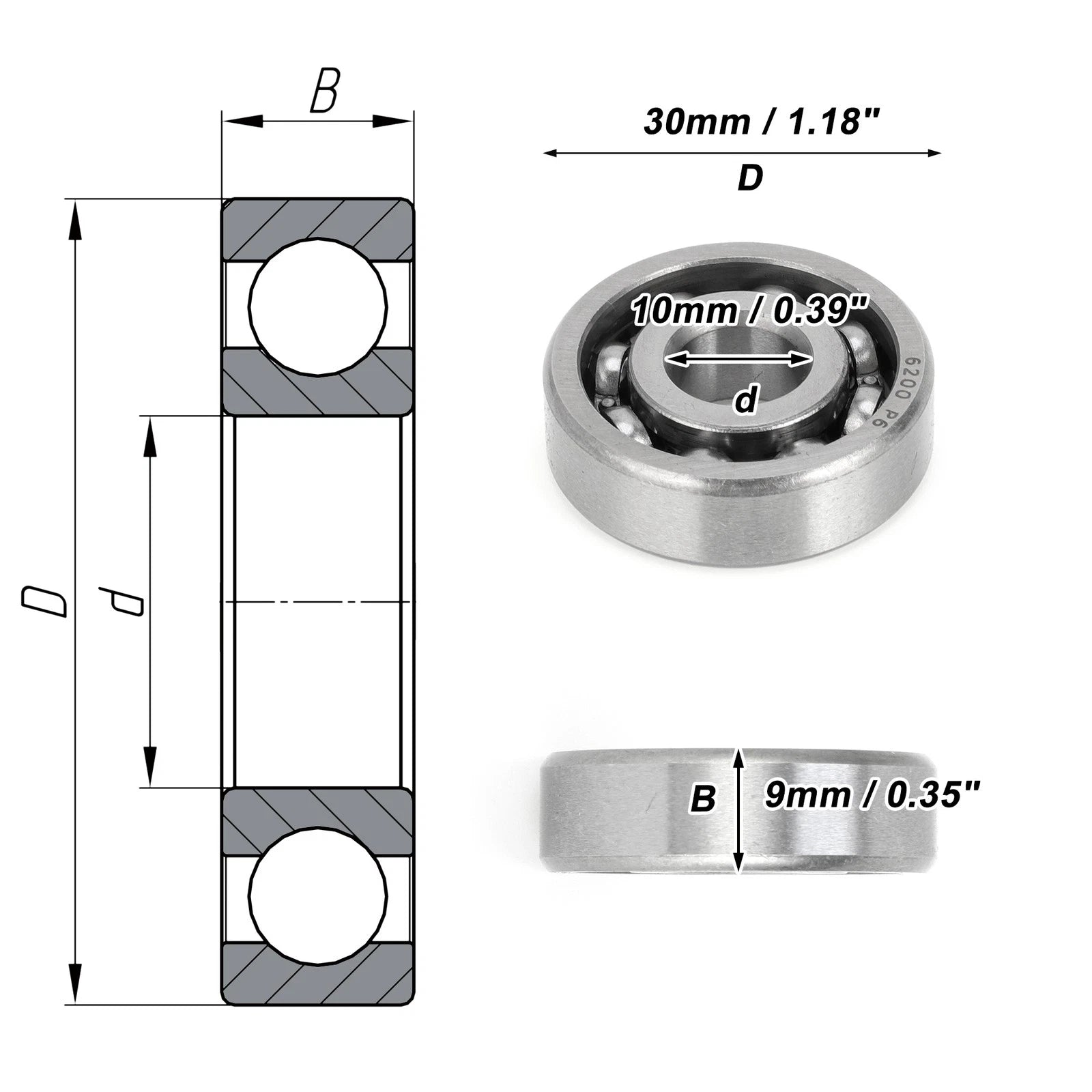 6200 Deep Groove Ball Bearing for Scooter Skateboard Wheel (10x30x9mm)