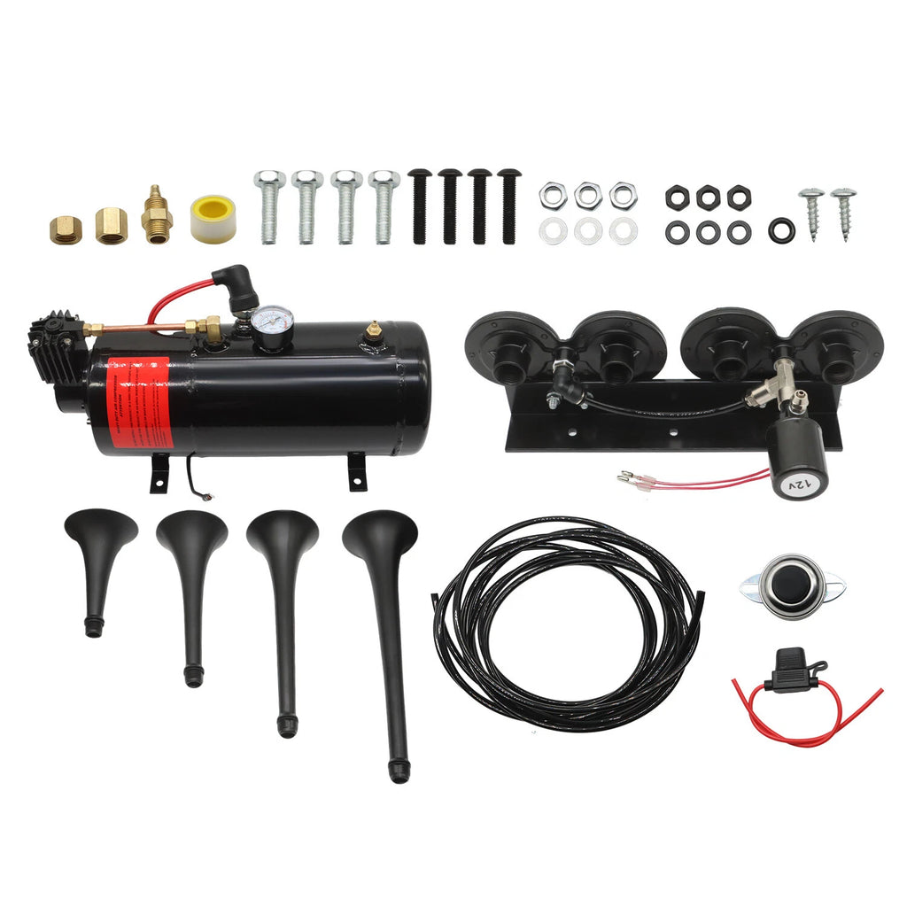 4 Trumpet Train Horn Kit with 1G Air Tank 150PSI for Car Truck Pickup