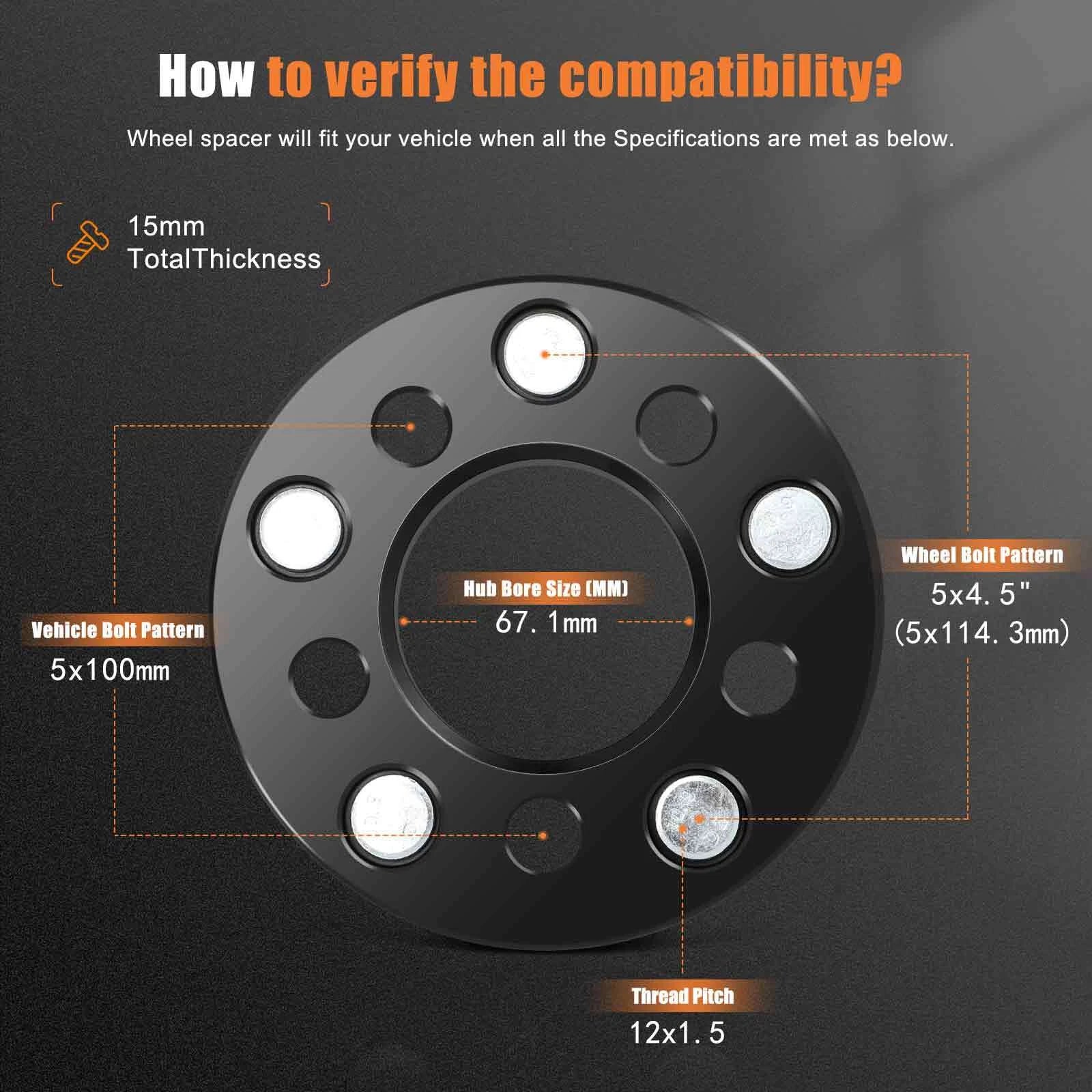 Set of 4 Wheel Adapters 15mm 5x100 to 5x114.3 for Toyota Corolla (2003–2023)