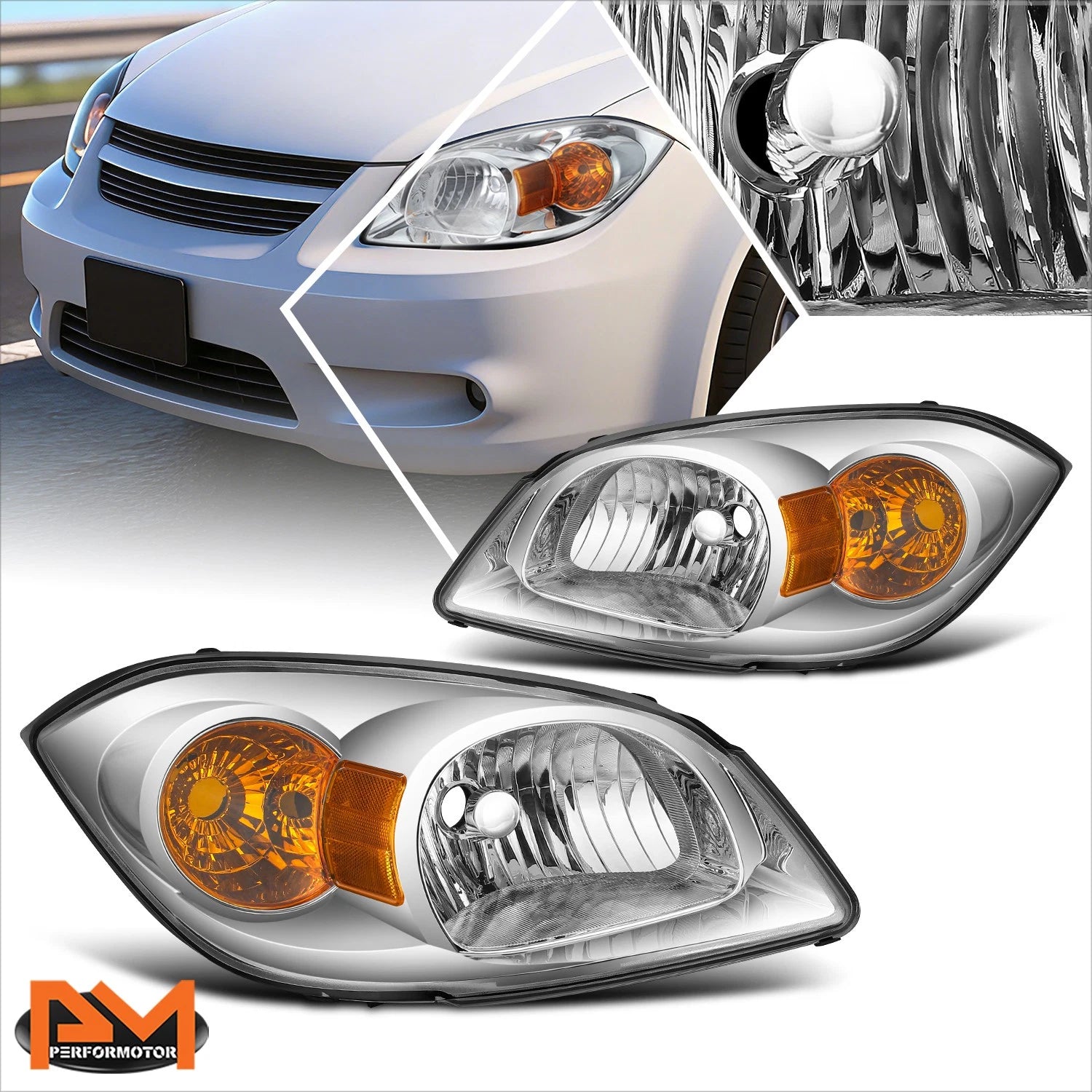 Set of 2 Chrome Housing Amber Side Headlight/Lamp for Chevy Cobalt (2005–2010)