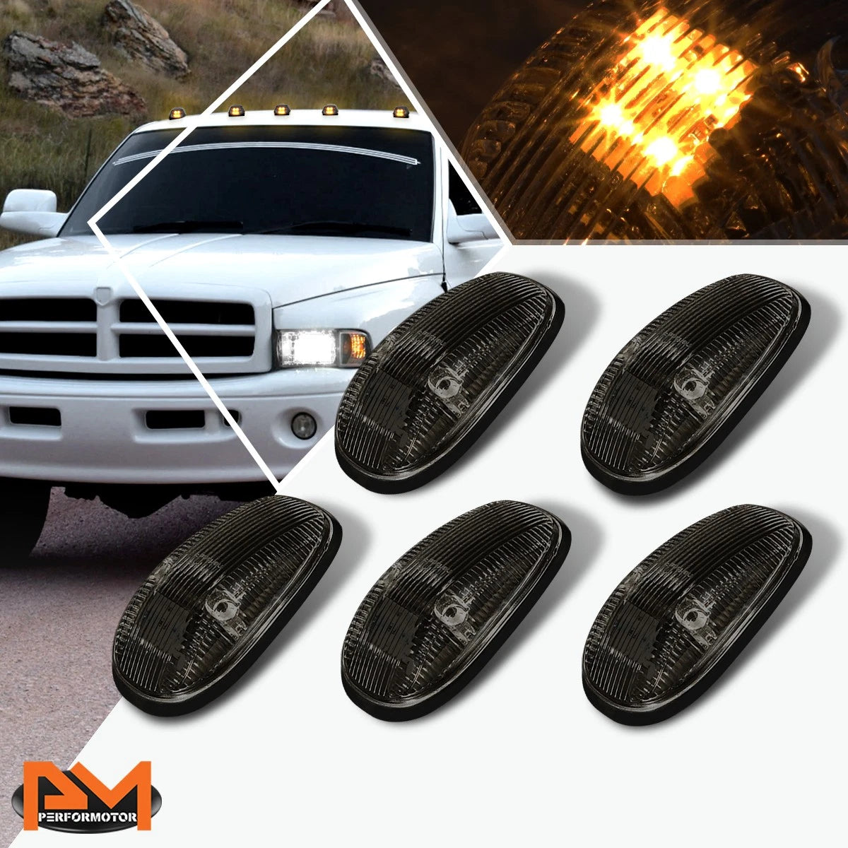 5Pcs Cab Roof Running Light Smoked Yellow LED for Dodge Ram (1999–2001)