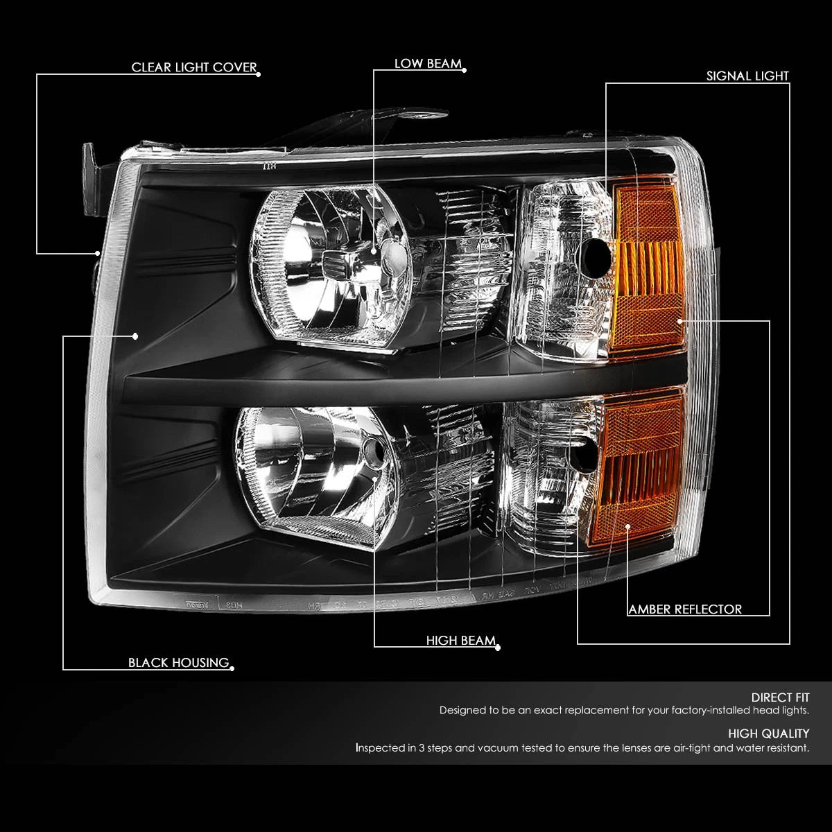 Pair of Black Housing Amber Side Headlights for Chevy Silverado (2007–2014)
