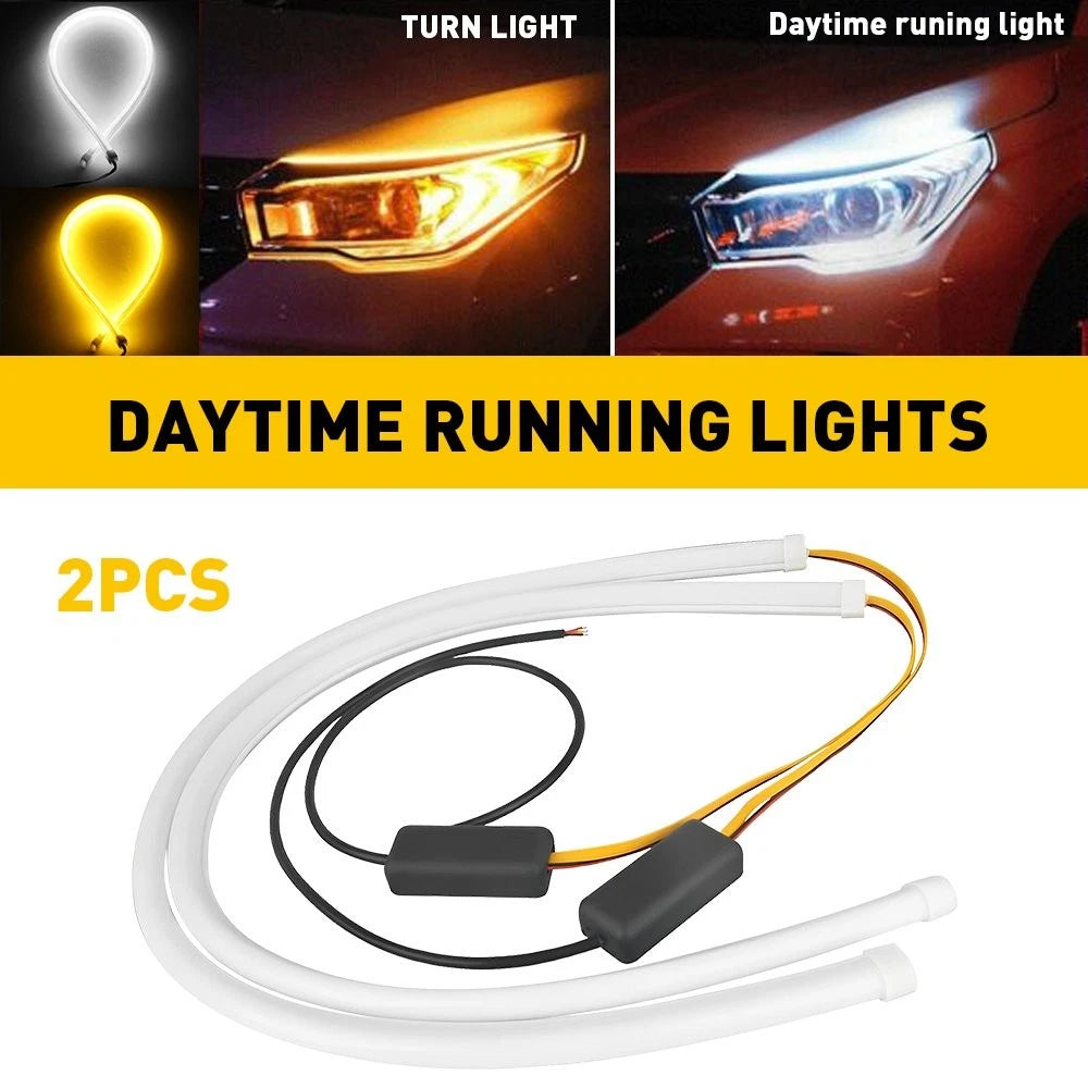 2X White Amber Tube LED Strip Daytime Running DRL Light for Universal