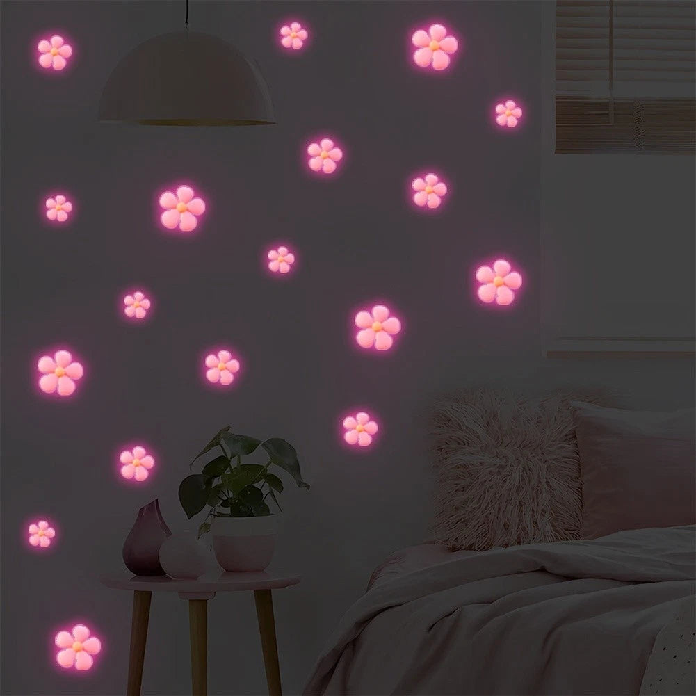 Glow in Dark Floral Decal for Bathroom Wall Mirror (20x15cm, Pink)