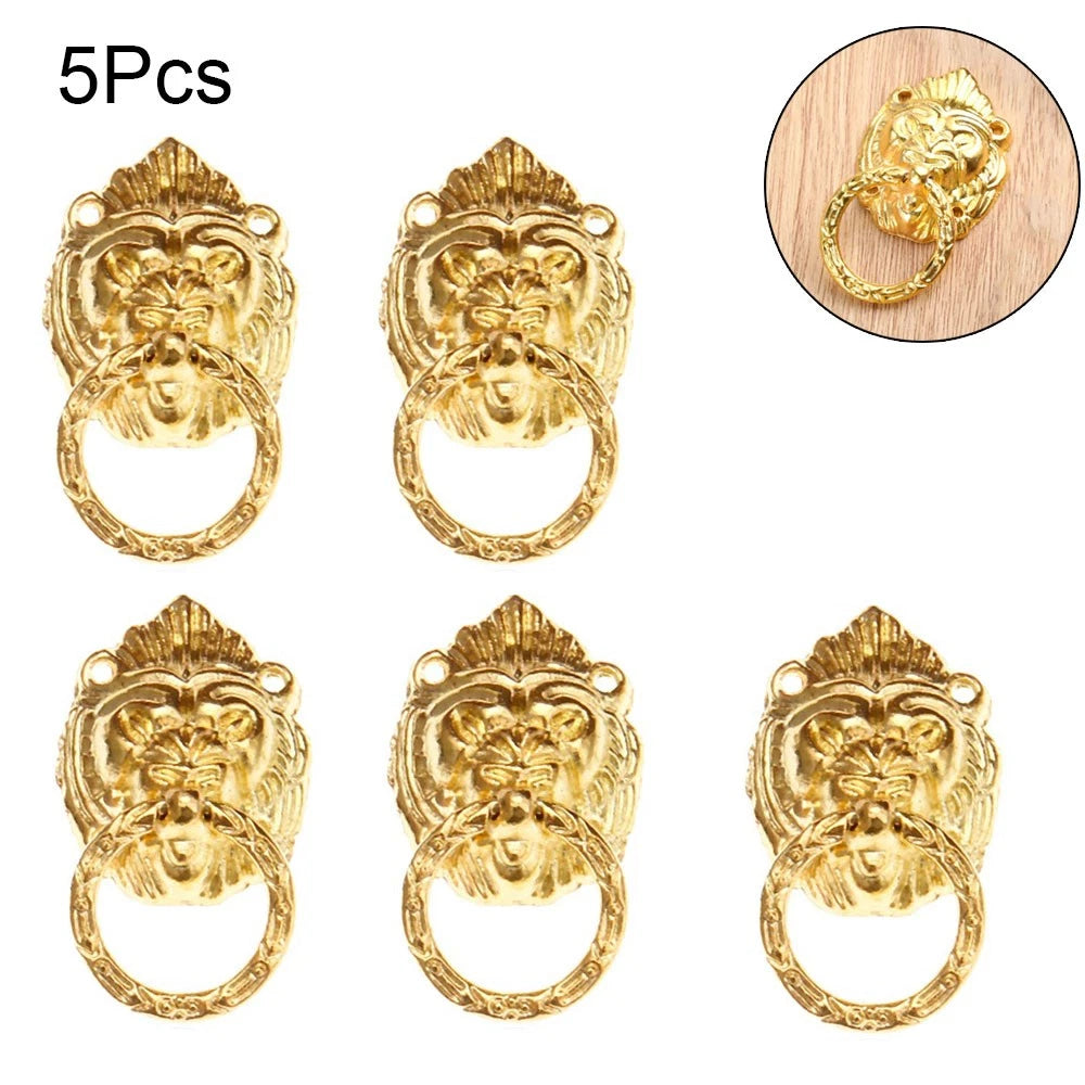 5Pcs Gold Zinc Alloy Lion Head Drawer Door Knob Pulls for Cabinets